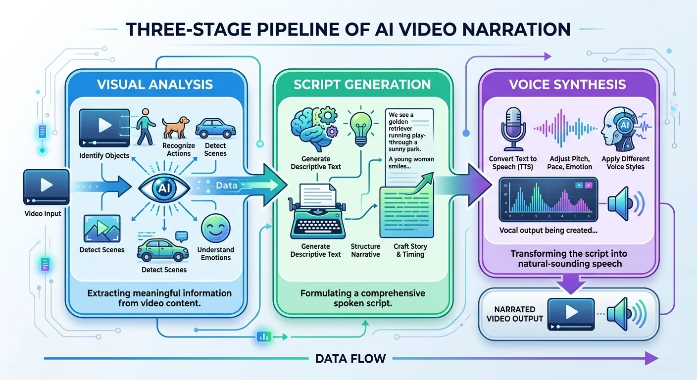 Flowchart illustrating how an AI video narration generator processes uploaded video through scene analysis, language generation, and text-to-speech stages