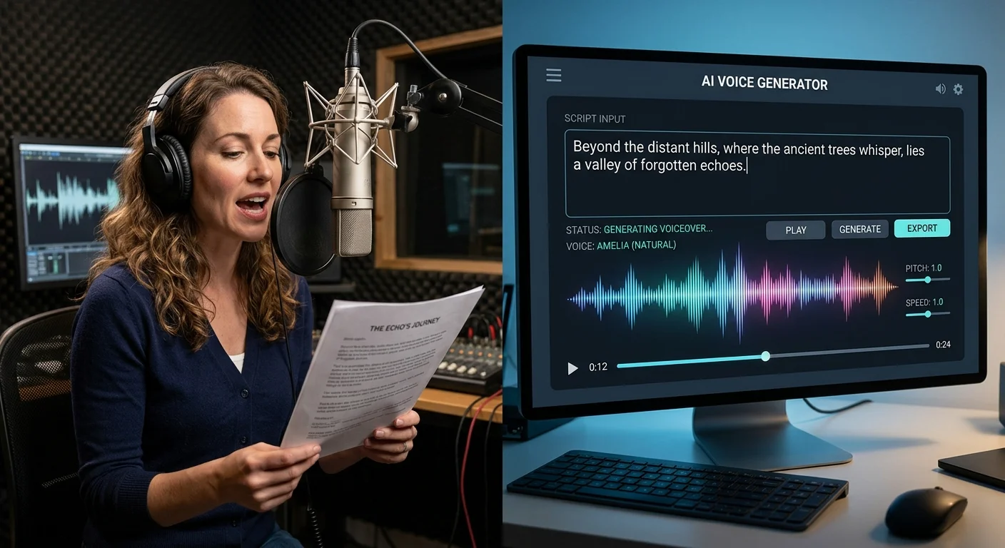 Comparison of human voiceover recording studio and AI video narration software interface