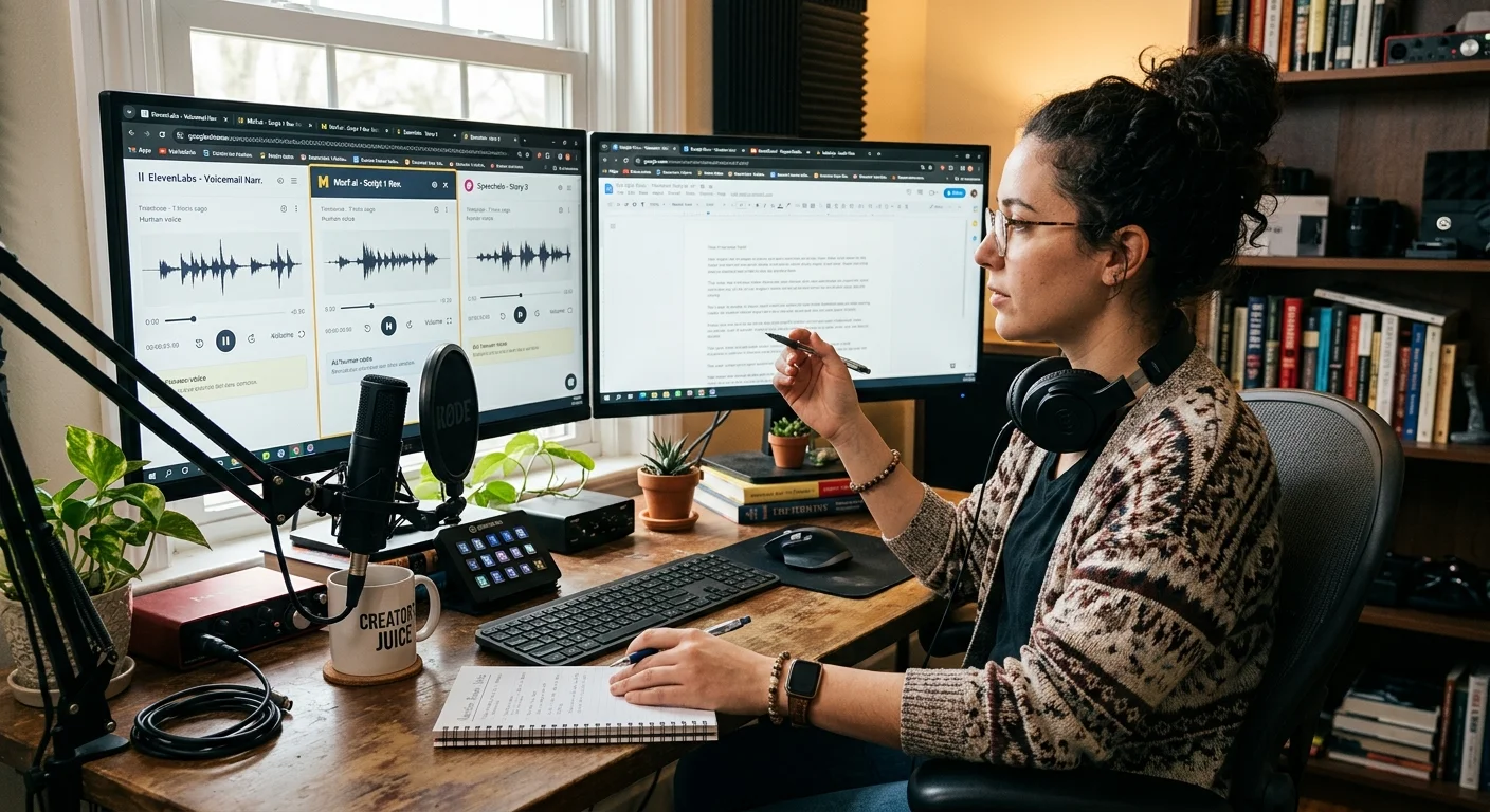 Content creator testing AI video narration generators on computer screen