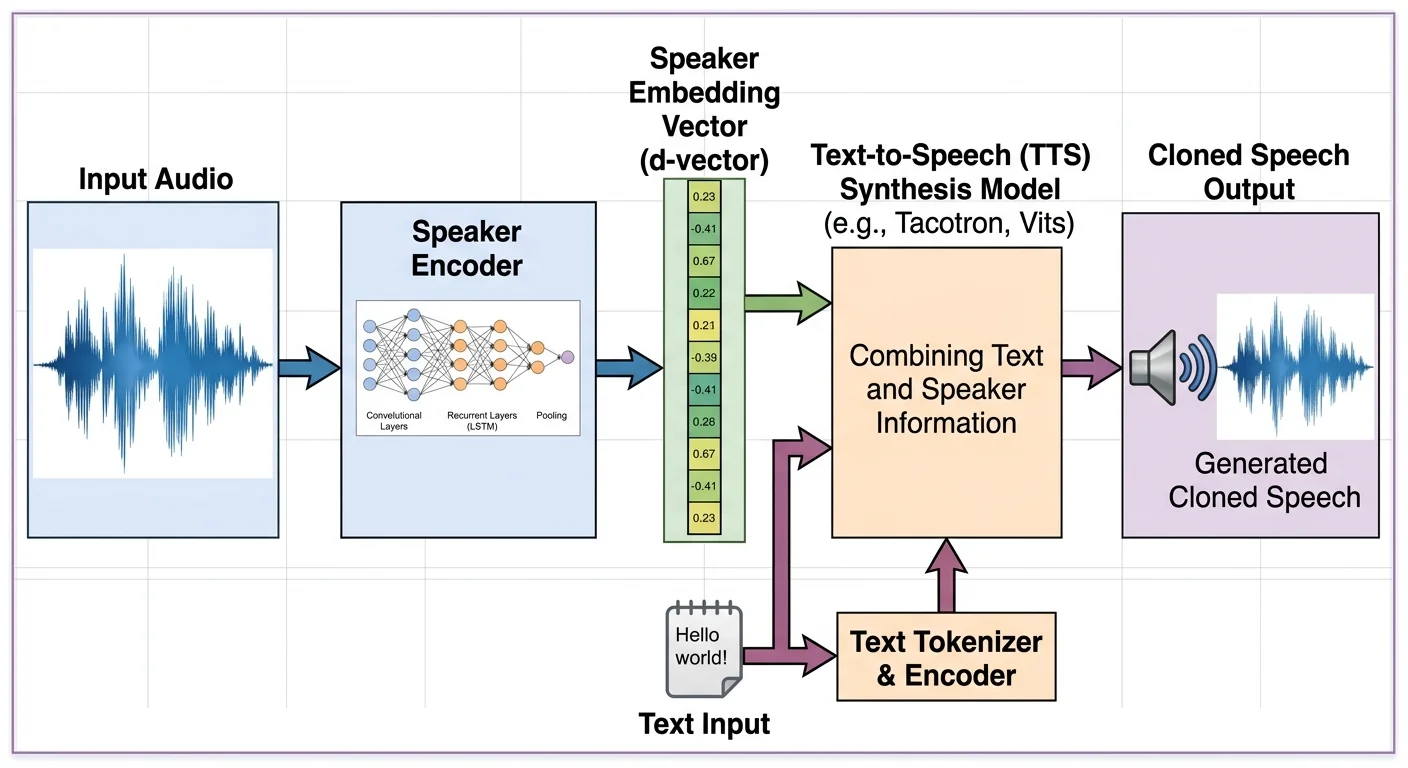 AI voice cloning pipeline diagram showing audio sample to speaker embedding to synthesized narration