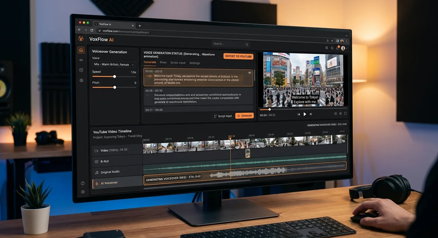 AI voiceover tool interface generating YouTube video narration