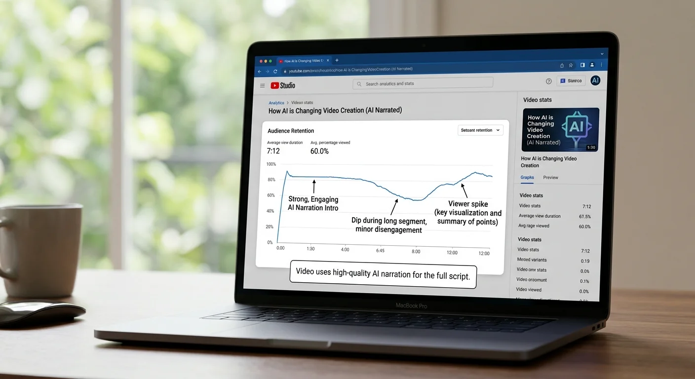 YouTube Analytics dashboard showing audience retention for AI-narrated content